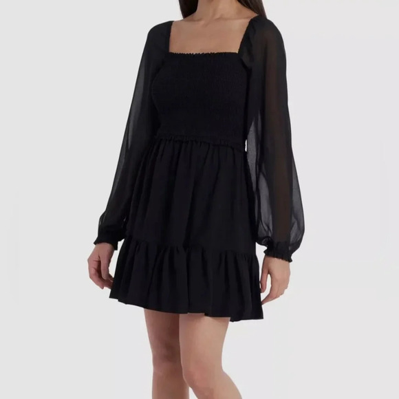 1. State Women's Black Smocked Long-Sleeve Bodice Ruffle Mini Dress Size M - Picture 3 of 13